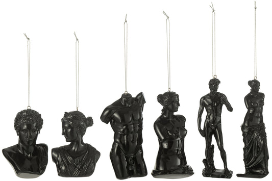 Boîte de 6 suspensions/figurines en résine noire avec statue romaine.