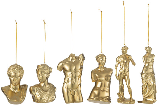 Boîte de 6 suspensions/figurines en résine dorée avec statue romaine.