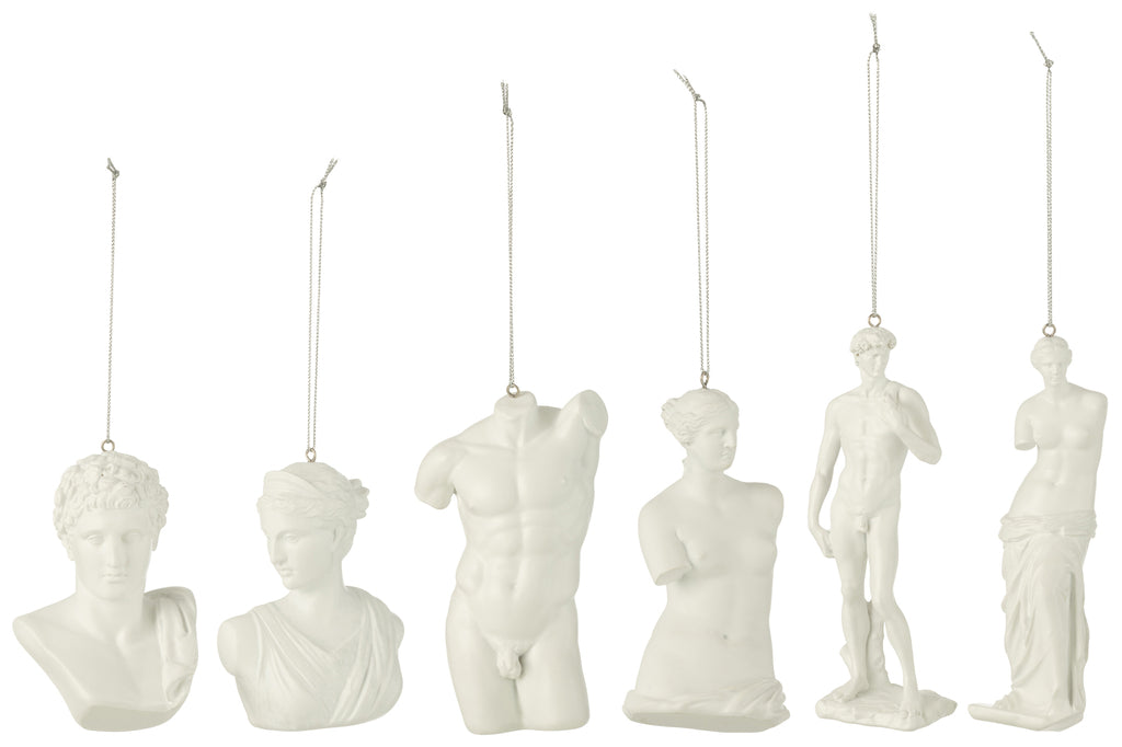 Boîte de 6 suspensions/figurines en résine blanche de statue romaine.