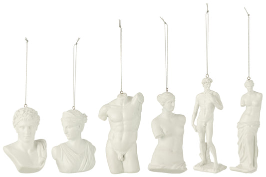 Boîte de 6 suspensions/figurines en résine blanche de statue romaine.