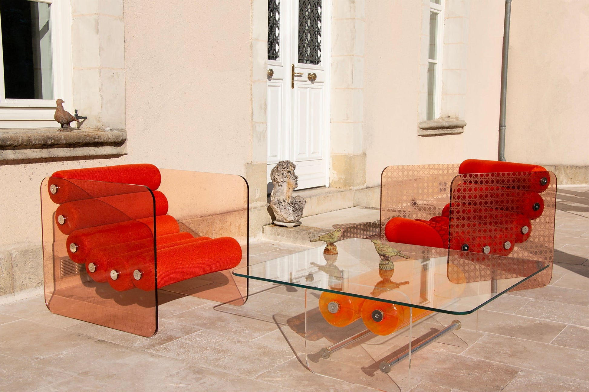 Fauteuil en altuglas et assise runner tissus alvéolaire MW02 - KUUMO DESIGN - La Maison MilanaiseMW02APC - 9OrangeCannage