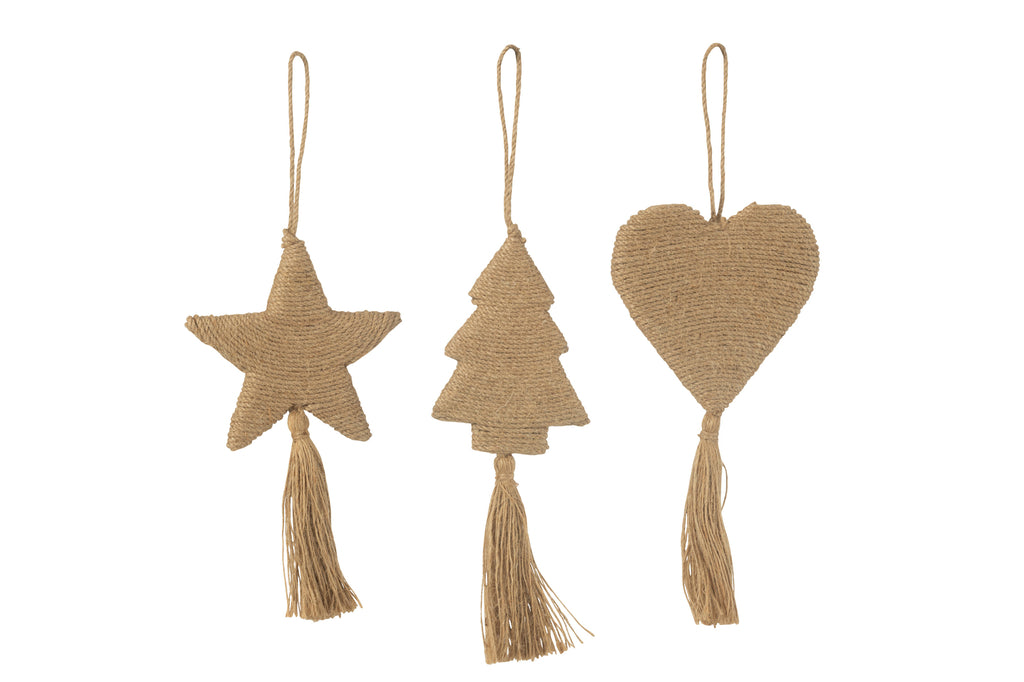 Suspensions Étoile Coeur Arbre Jute Naturel Assortiment de 3