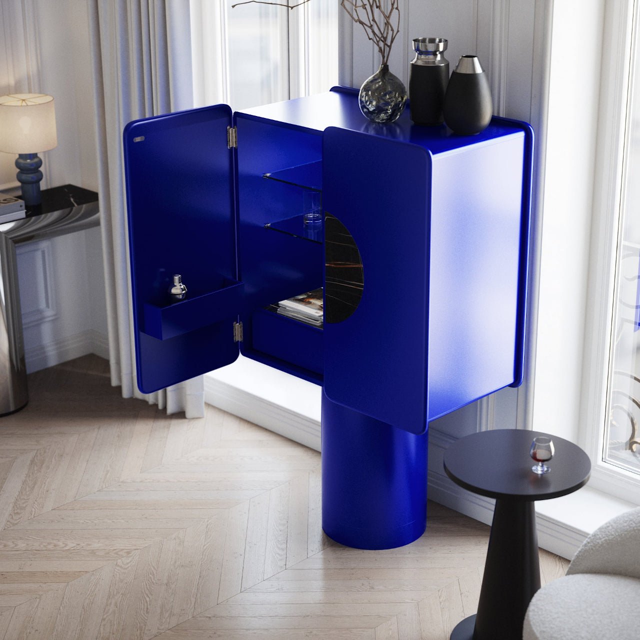 Meuble bar REGIS Bleu électrique – insert céramique Sahara Noir - ULTRA MOBILI - La Maison MilanaiseBRG