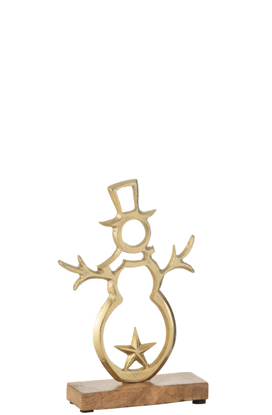 Statuette Bonhomme de neige étoile en aluminium doré sur base en bois petit