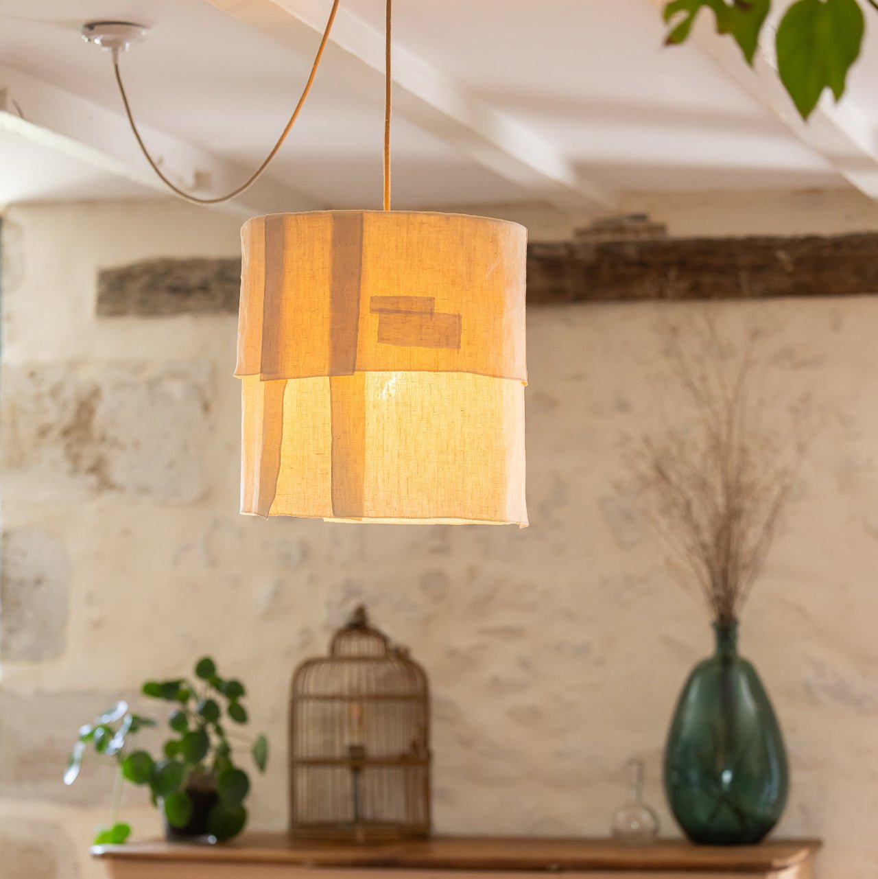 Suspension Ø36cm APLASME – Lin naturel et chanvre upcyclé - STUDIO ECHO - La Maison MilanaiseSUSPAPLASMEØ36D4 pans2Sans câble