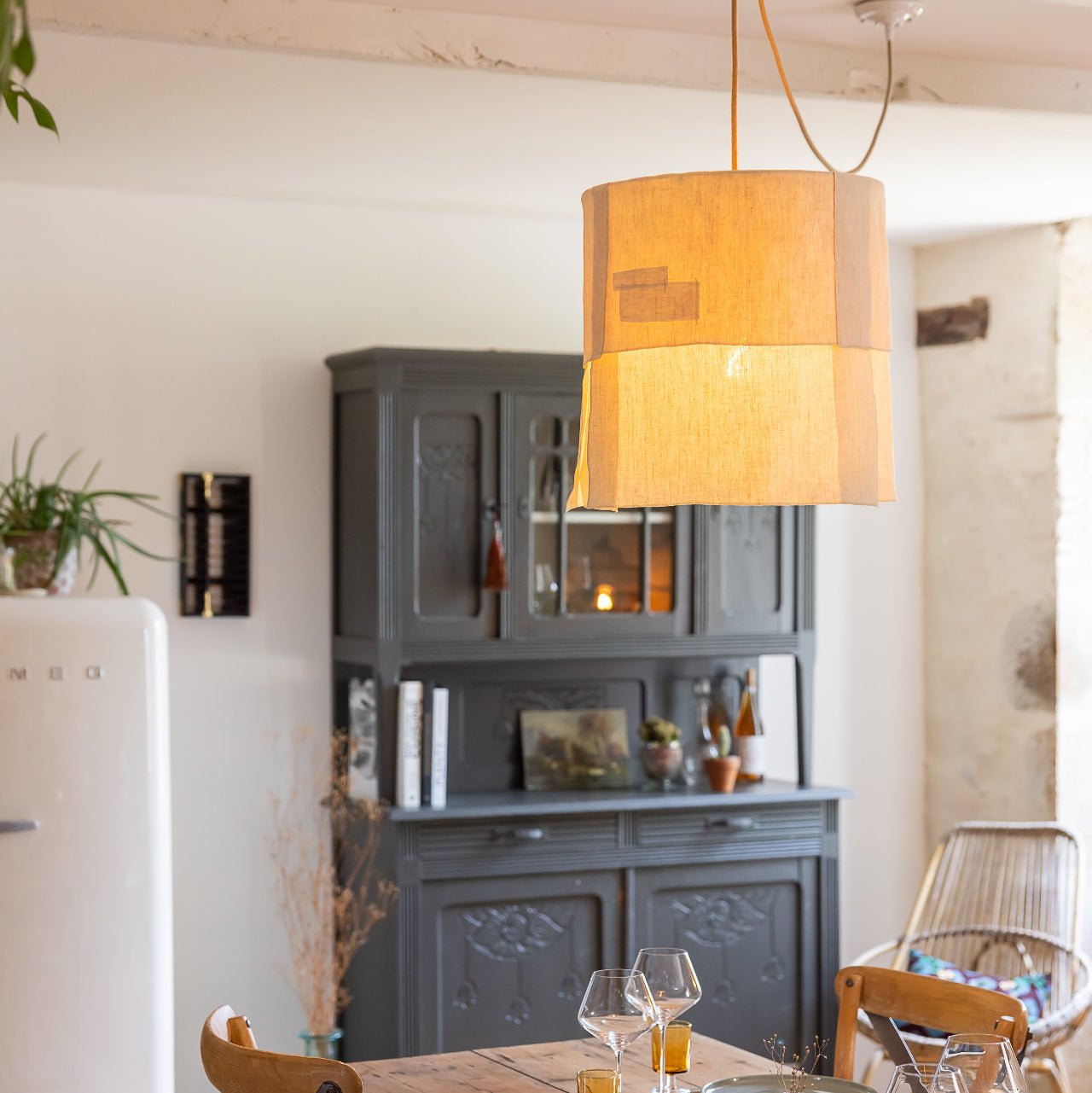 Suspension Ø36cm APLASME – Lin naturel et chanvre upcyclé - STUDIO ECHO - La Maison MilanaiseSUSPAPLASMEØ36B4 pans1Sans câble