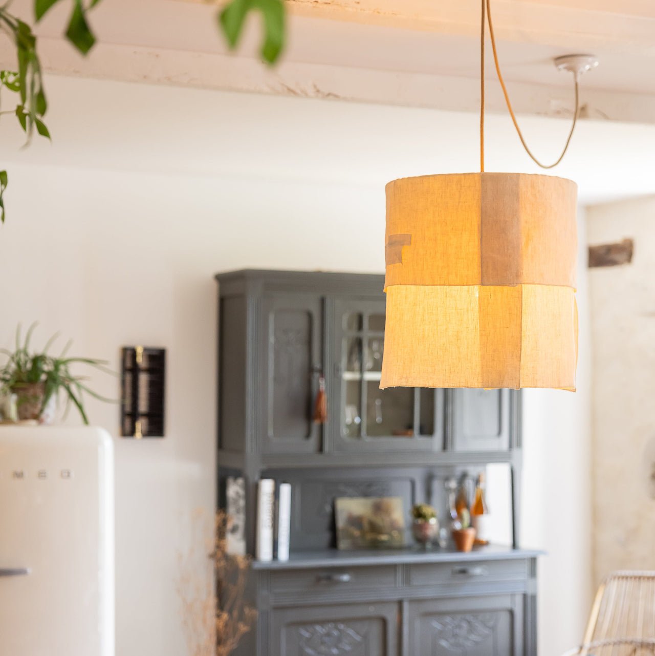 Suspension Ø36cm APLASME – Lin naturel et chanvre upcyclé - STUDIO ECHO - La Maison MilanaiseSUSPAPLASMEØ36D4 pans2Sans câble