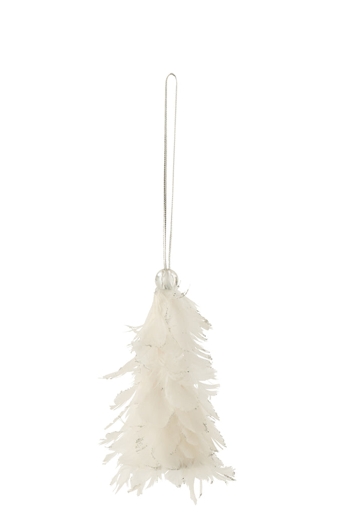 Suspension sapin de Noël en plumes pailletées blanches